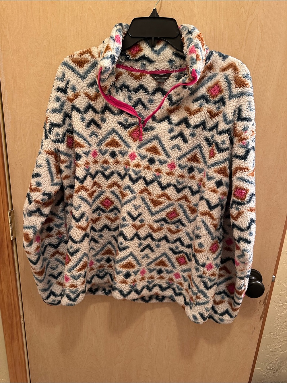 Eddie Bauer Cream Sherpa Pullover with Blue, Brown & Pink Accents